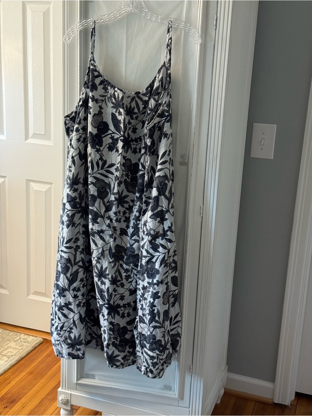 Flax Black Floral Over White Linen Slip Dress Adjustable Straps Size 3G